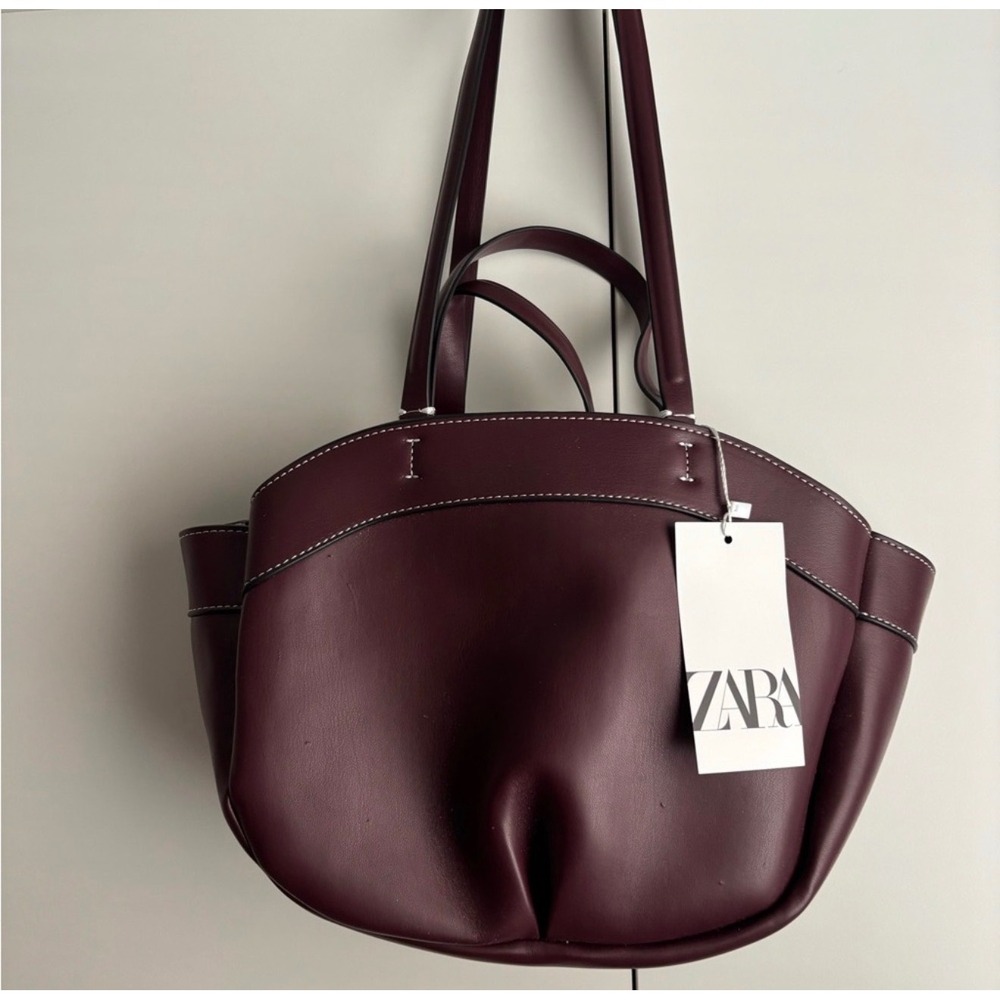 Zara Burgundy Double Strap Shopper Bag Topstitching Tote Removable Pouch NWT